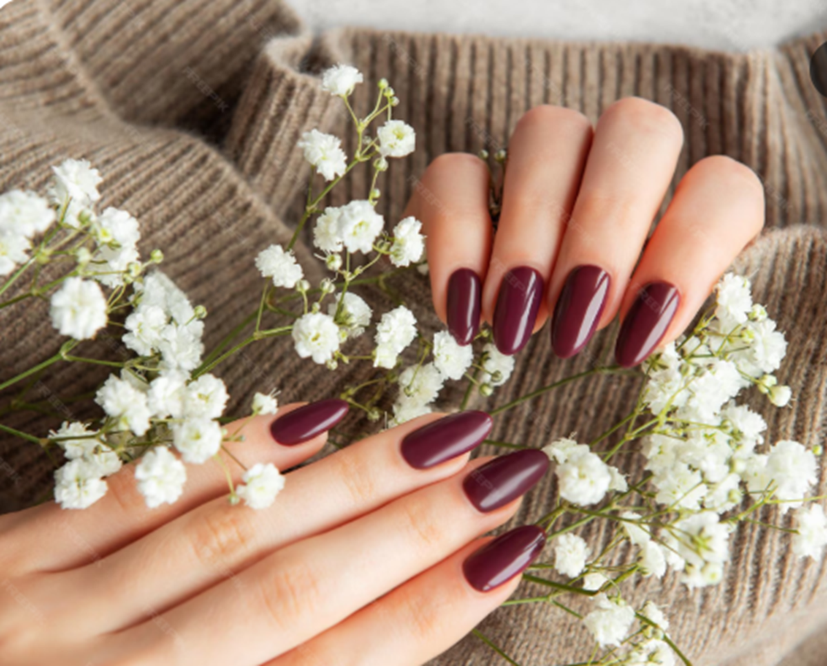  Unhas femininas pintadas de bordô segurando flores brancas sobre suéter bege.