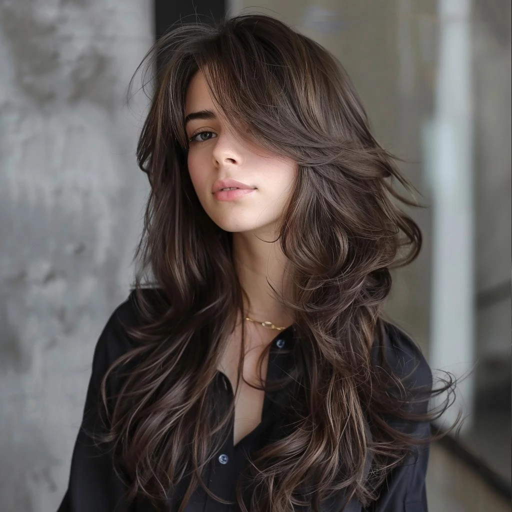 Corte de cabelo longo com camadas suaves e repicadas, valorizando o movimento natural dos fios.