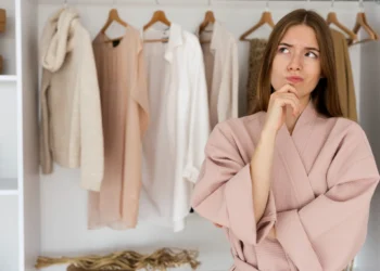 Mulher pensativa escolhendo roupas neutras em um guarda-roupa minimalista