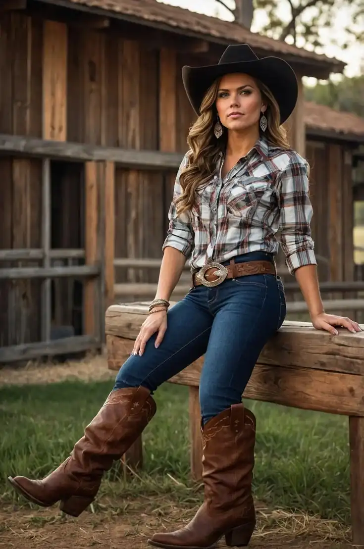 Mulher com chapéu cowboy, camisa xadrez, cinto de fivela grande, jeans e botas de couro estilo Western para São João 2025.