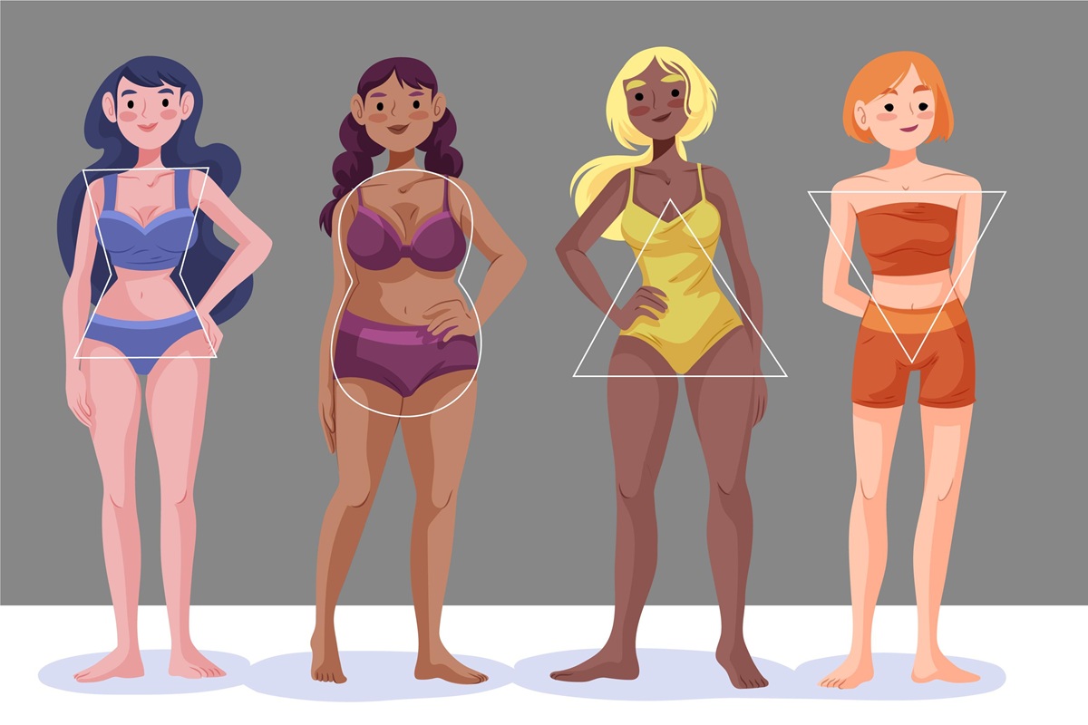 Ilustração de diferentes tipos de corpo feminino com formas geométricas.