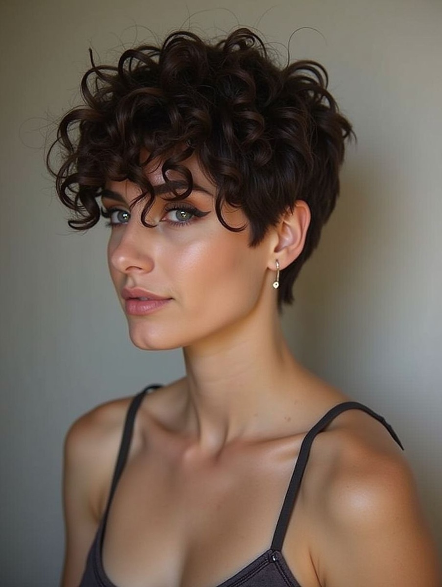  Mulher com cabelo cacheado e corte pixie, com sorriso, representando o estilo de cabelo.