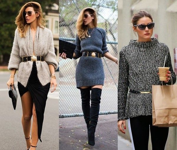 Mulheres estilosas usando cintos para valorizar a cintura em looks de inverno com suéteres e vestidos.