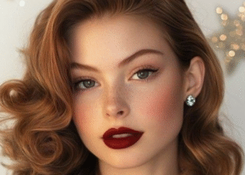 Mulher com maquiagem glamourosa e batom vermelho, destacando a escolha perfeita para qualquer tom de pele.