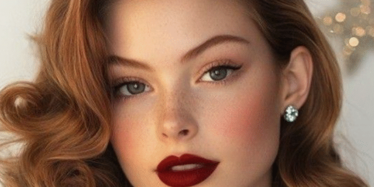 Mulher com maquiagem glamourosa e batom vermelho, destacando a escolha perfeita para qualquer tom de pele.