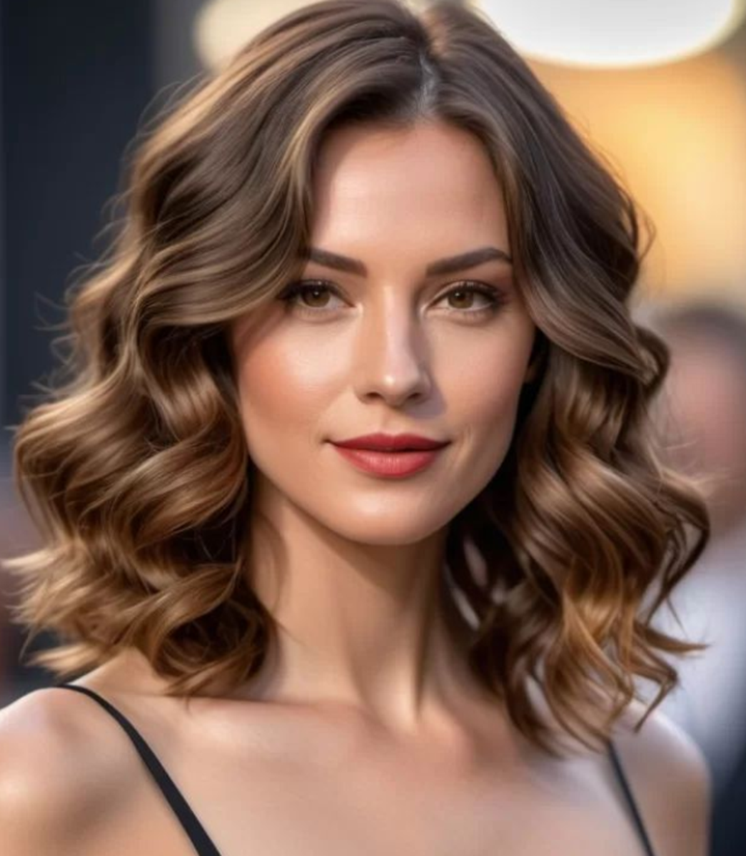 Mulher com pele clara, cabelo cacheado e batom vermelho escuro, com maquiagem suave.