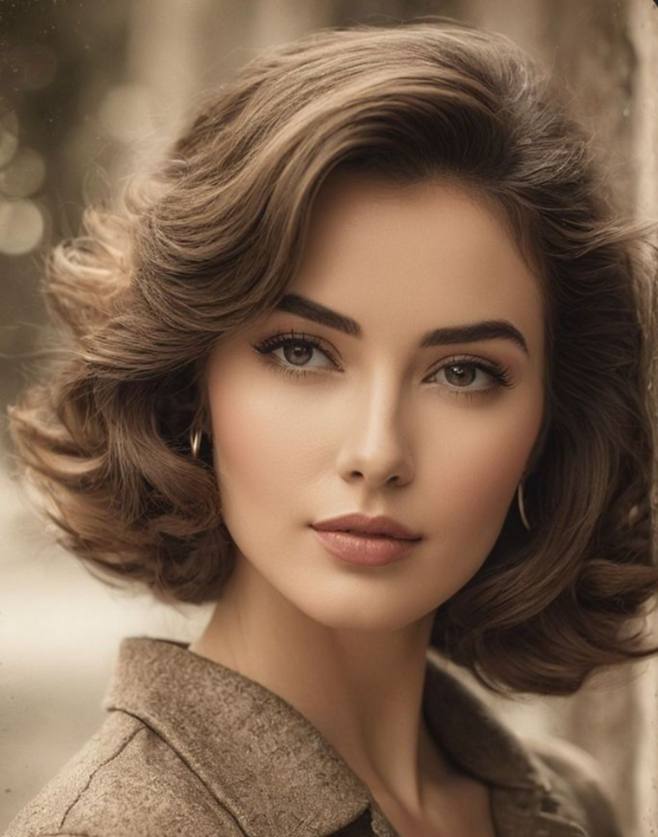 Mulher com pele média, cabelo cacheado e batom nude, com maquiagem natural.