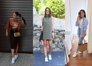 Mulher usando looks versáteis com tênis, incluindo camiseta, vestido e camisa listrada, ideais para transitar do dia para a noite com estilo.