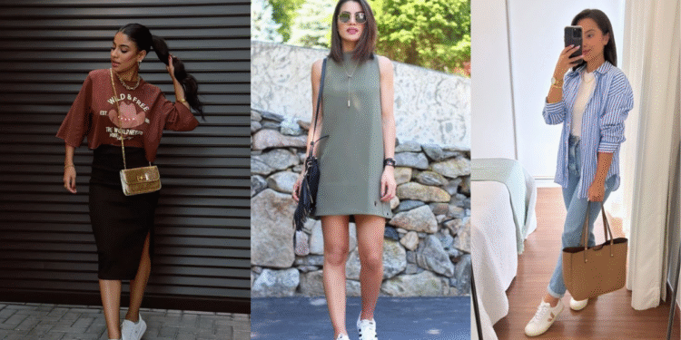 Looks versáteis: transforme seu estilo do dia para a noite em minutos! 1 Mulher usando looks versáteis com tênis, incluindo camiseta, vestido e camisa listrada, ideais para transitar do dia para a noite com estilo.