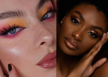 Duas mulheres com maquiagens contrastantes: uma com look colorido e outra com maquiagem glamourosa