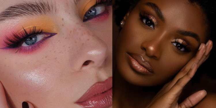 Maquiagem para cada ocasião: do básico ao glamouroso em passos simples! 1 Duas mulheres com maquiagens contrastantes: uma com look colorido e outra com maquiagem glamourosa