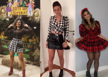 Mulheres com looks de festa junina usando peças xadrez