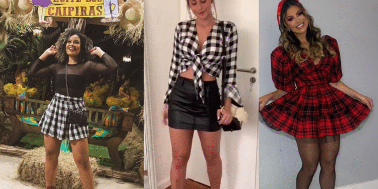 Mulheres com looks de festa junina usando peças xadrez