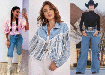 Três inspirações de looks femininos para o São João 2025 com peças jeans, franjas e camisa xadrez
