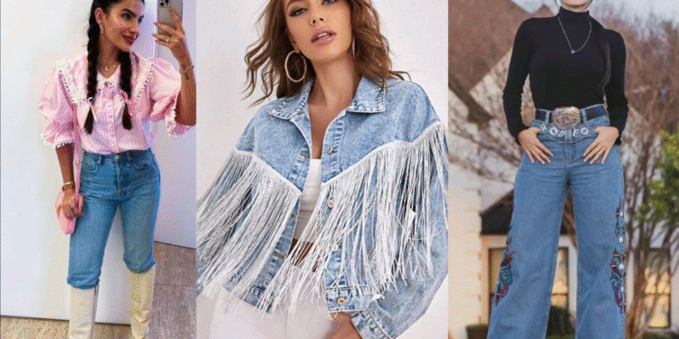 Looks estilosos para o São João 2025 1 Três inspirações de looks femininos para o São João 2025 com peças jeans, franjas e camisa xadrez