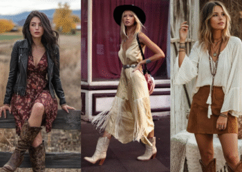 Três looks femininos no estilo boho western com botas, franjas e peças de inverno