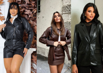 Mulheres usando diferentes conjuntos de couro que são tendência de moda no outono