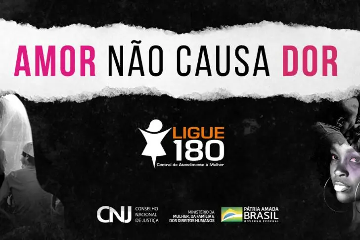 Imagem de campanha contra a violência doméstica com a frase 'Amor não causa dor'. Representação visual de apoio à denúncia da violência contra a mulher.