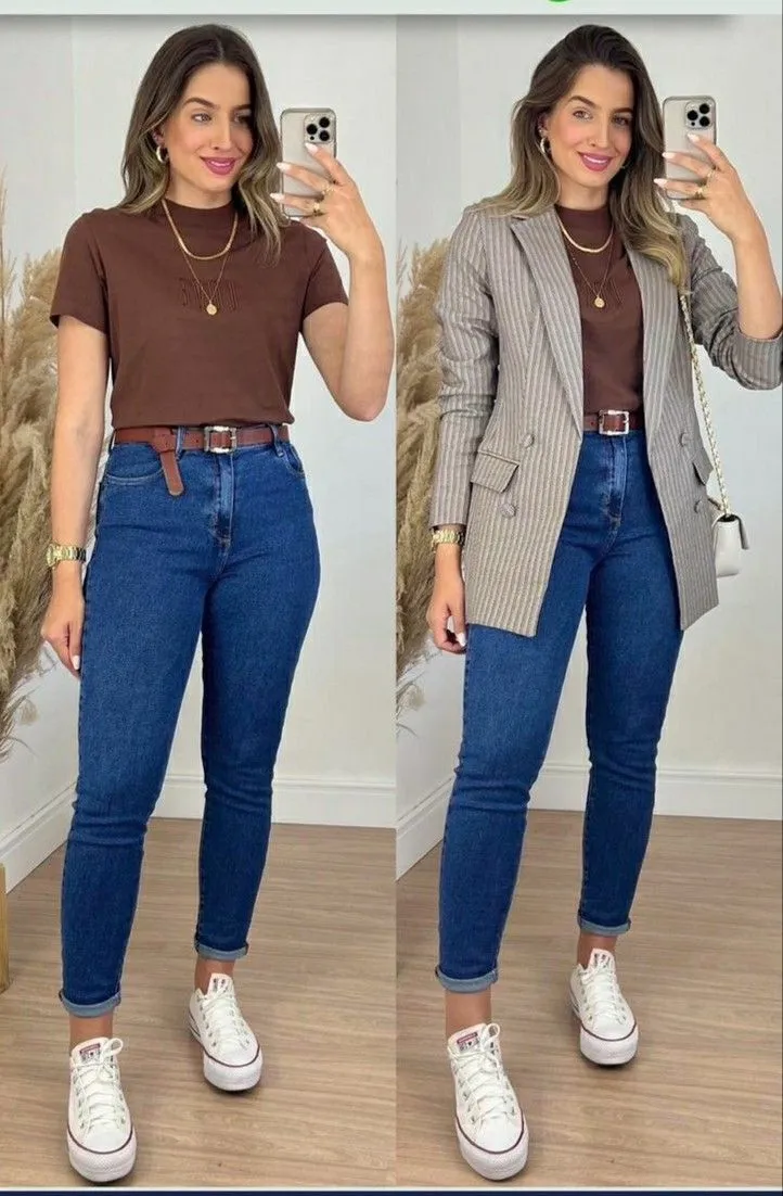 Look casual feminino com calça jeans e tênis branco, ideal para o dia a dia