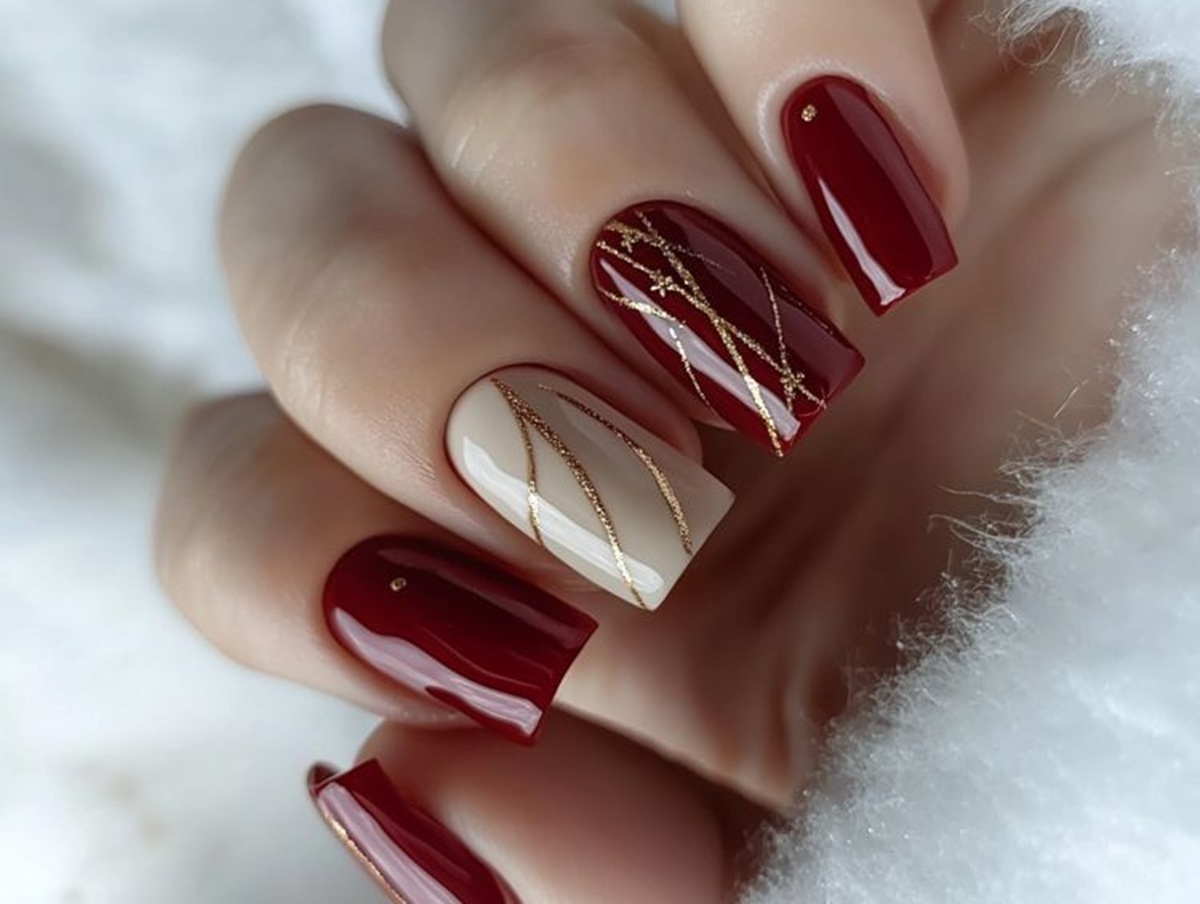 Unhas com esmalte marsala e tons neutros