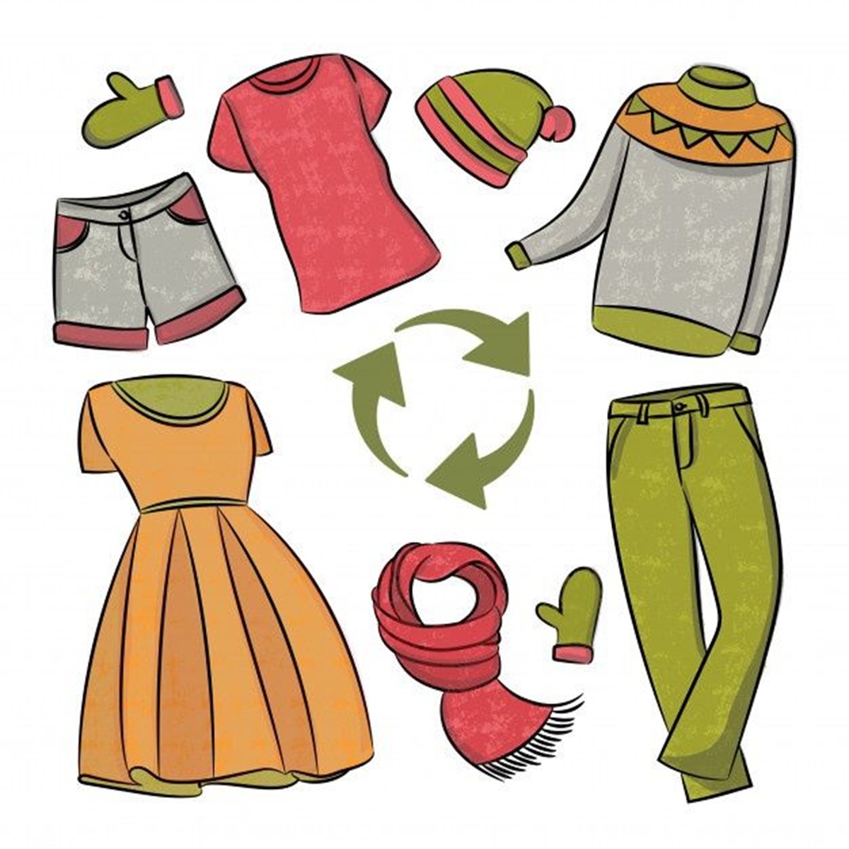 Imagem ilustrando roupas sustentáveis, com peças de roupas que podem ser recicladas e reutilizadas.