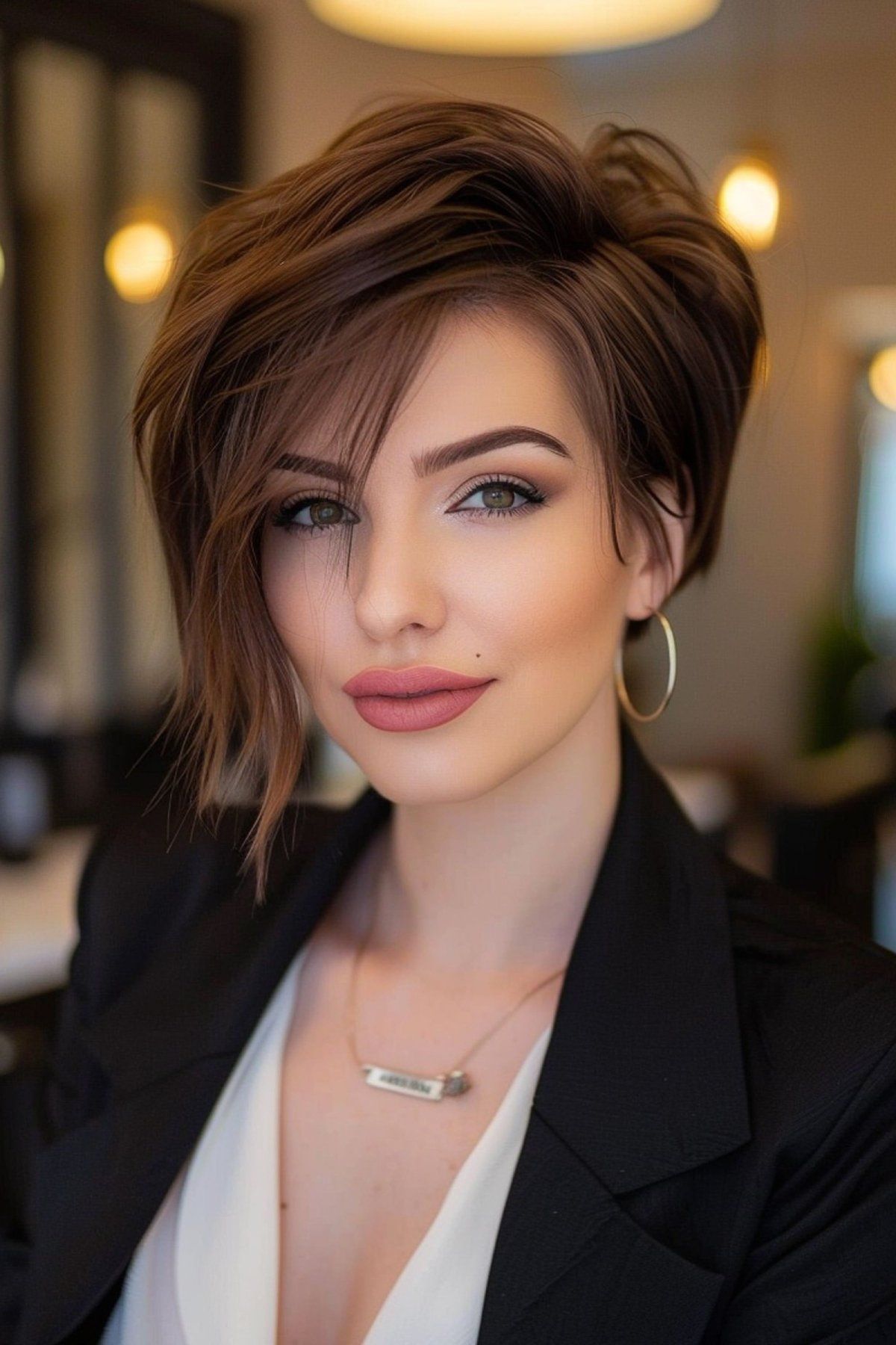 Mulher com corte pixie e franja longa, estilo elegante e sofisticado.