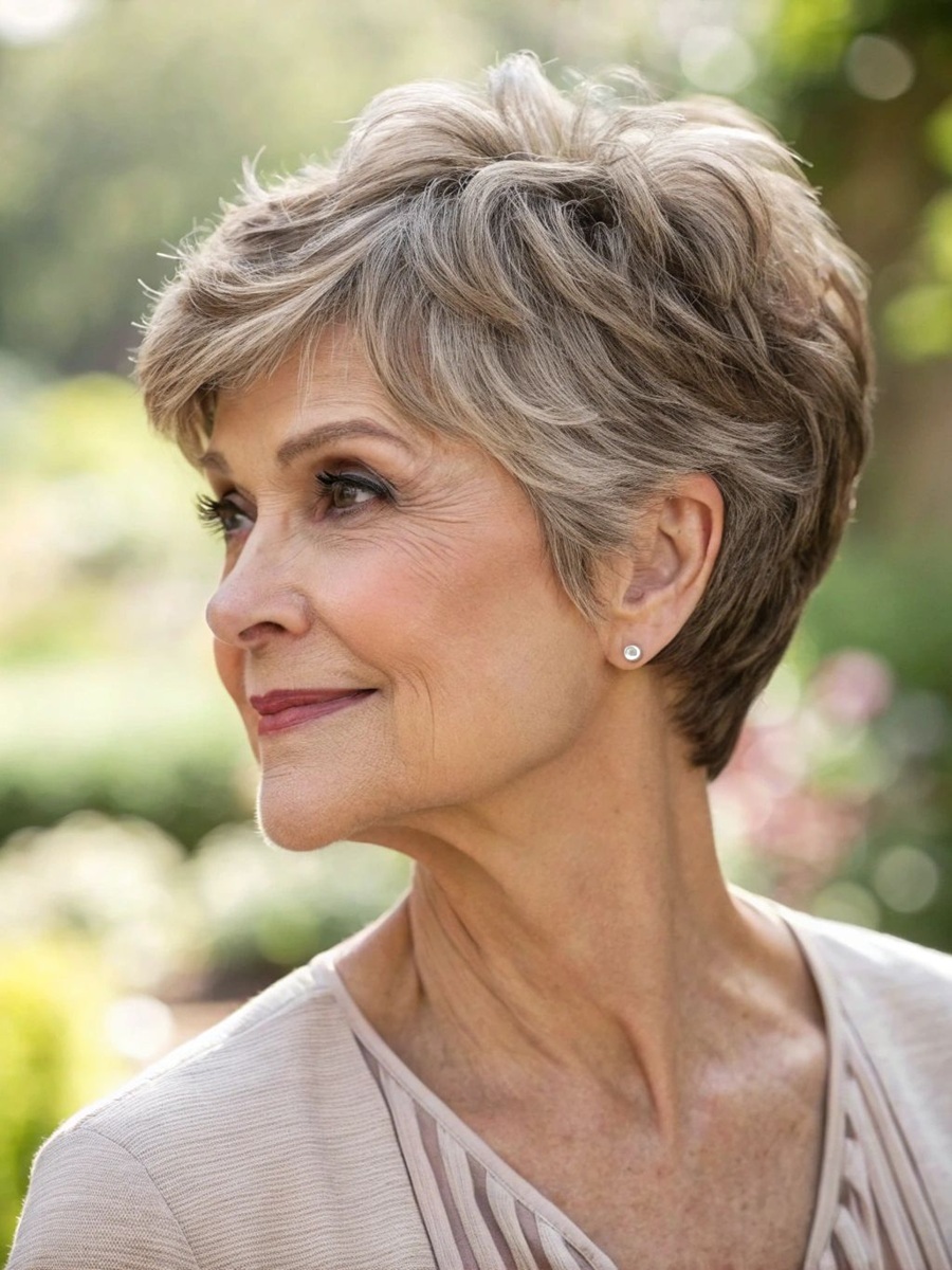 Mulher com corte pixie clássico, mostrando um estilo delicado e moderno.