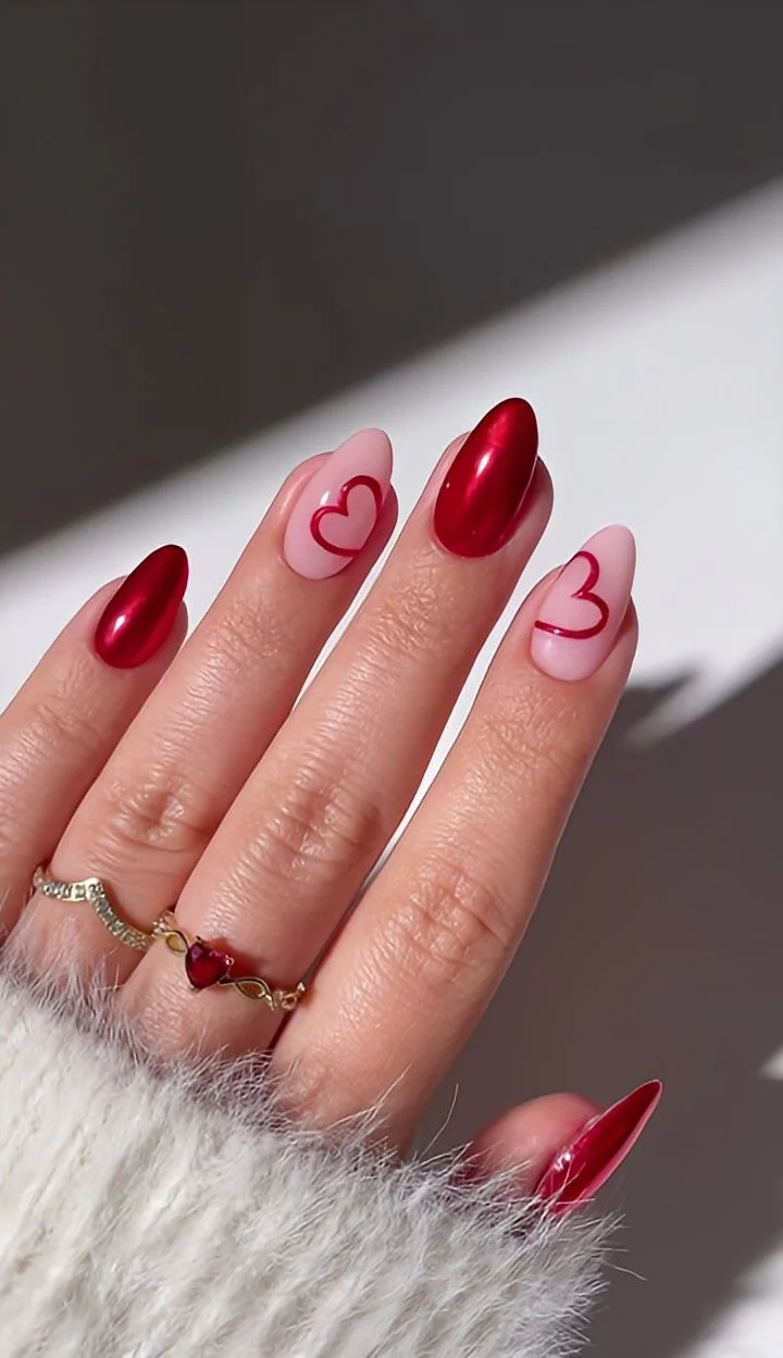 Unhas vermelhas com desenhos de corações, expressando emoções de amor e carinho.