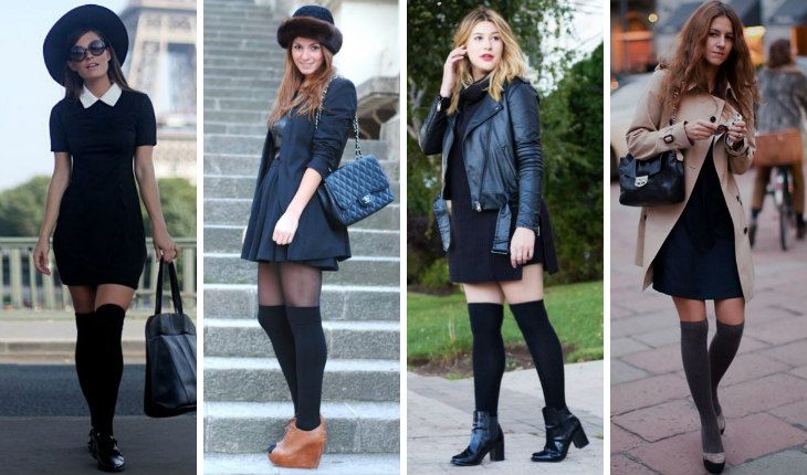 Quatro mulheres usando vestidos pretos com meias altas e diferentes tipos de calçados de inverno