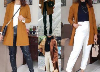 Looks de inverno com casaco marrom, combinando marrom com outras cores como preto, branco e dourado, para um visual elegante e moderno.