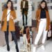 Looks de inverno com casaco marrom, combinando marrom com outras cores como preto, branco e dourado, para um visual elegante e moderno.