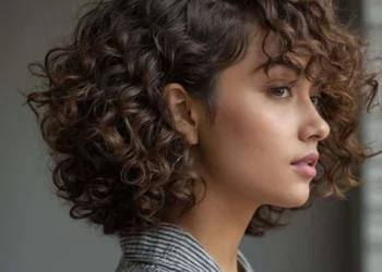 Jovem com cabelo cacheado curto e volumoso em corte estiloso