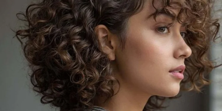 Jovem com cabelo cacheado curto e volumoso em corte estiloso