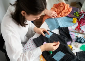 Pessoa costurando retalhos em peça jeans para customização de roupas juninas