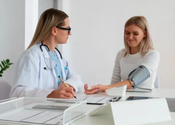 Mulher realizando exame de pressão arterial com a supervisão de uma médica. Importante para o check-up anual de saúde.