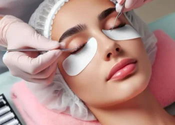 Profissional aplicando extensão de cílios em cliente, com cuidado e precisão durante o processo.