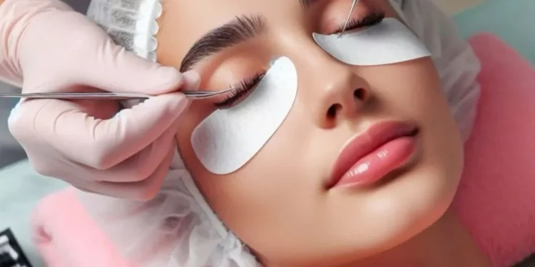 Profissional aplicando extensão de cílios em cliente, com cuidado e precisão durante o processo.