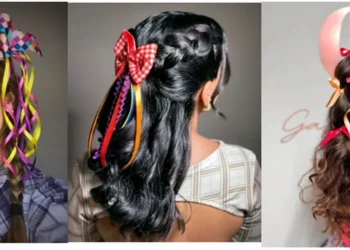 ideias de penteados juninos com tranças, fitas e laços coloridos.