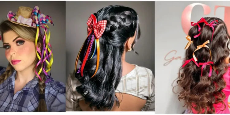 ideias de penteados juninos com tranças, fitas e laços coloridos.