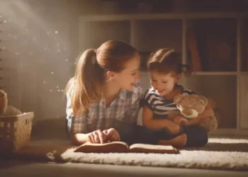 5 dicas de organização para mães que trabalham fora 9 Mãe lendo um livro para sua filha, criando um momento de conexão e aprendizado.