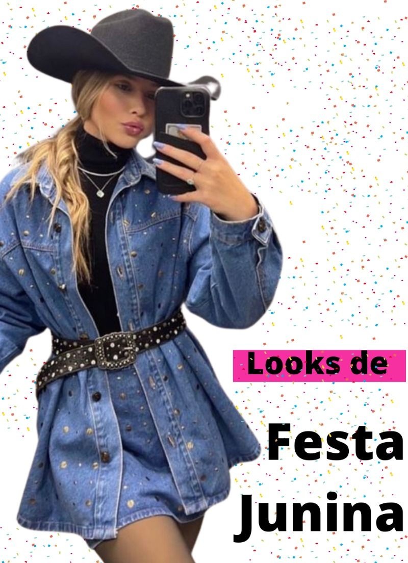 Mulher usando look monocromático, estilo festa junina, com chapéu e jaqueta jeans.