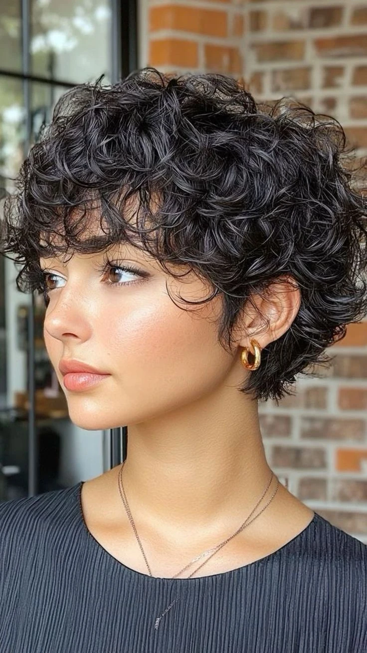 Mulher com cabelo cacheado em corte pixie cut curto e estiloso