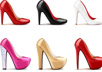 Imagem de diferentes modelos de salto alto com cores variadas, incluindo vermelho, preto, branco, dourado e rosa.