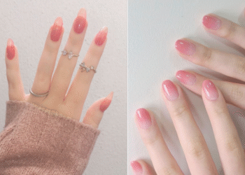Unhas com efeito jelly em tons rosados e acabamento brilhante em dois estilos diferentes