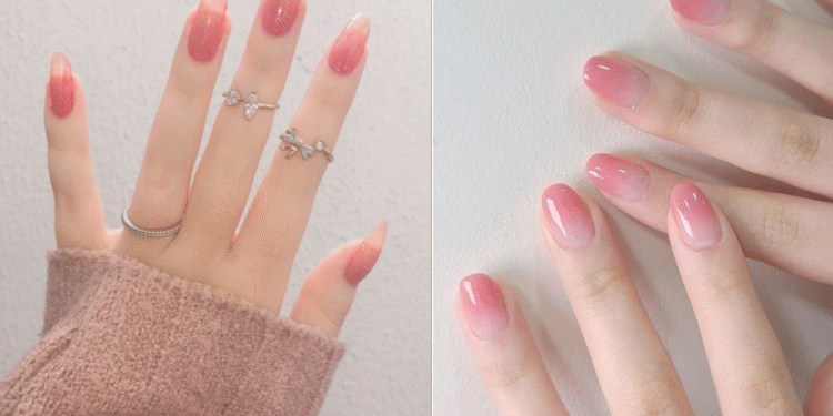 Unhas com efeito jelly em tons rosados e acabamento brilhante em dois estilos diferentes