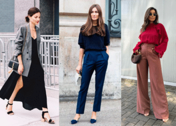 Três mulheres usando looks monocromáticos elegantes em diferentes cores