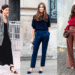 Três mulheres usando looks monocromáticos elegantes em diferentes cores