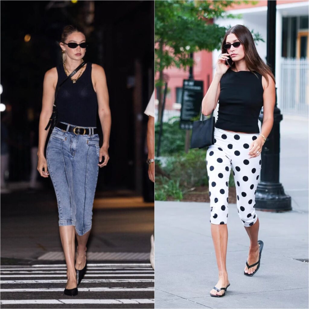 Gigi Hadid e Hailey Bieber mostram a tendência do comprimento midi, com Gigi usando uma capri jeans e Hailey com uma capri de poá.