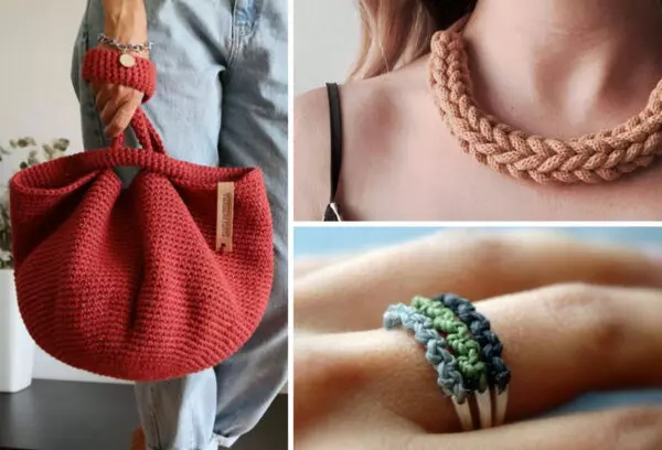 Acessórios de crochê, incluindo bolsa, colar e anéis, adicionando charme e estilo aos looks.