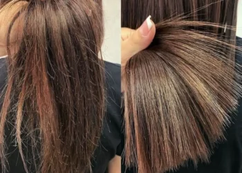 Transformação dos fios: cabelo com frizz versus cabelo saudável e brilhante